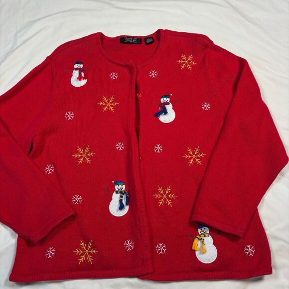 Crystal-Kobe Red Snowman Christmas Cardigan Sweater Holiday‎ Winter Festive L - Picture 1 of 5